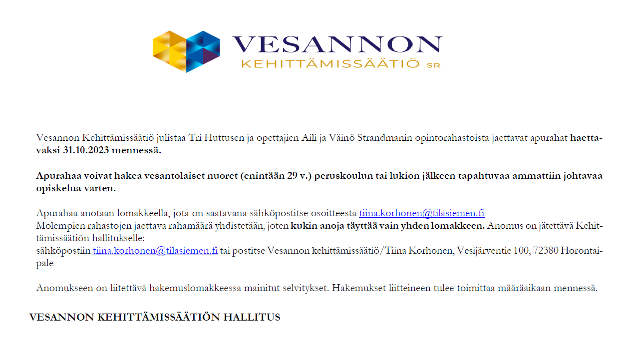 Read more about the article Huttusen ja Strandmanin apurahat haettavaksi 31.10.2023 mennessä.